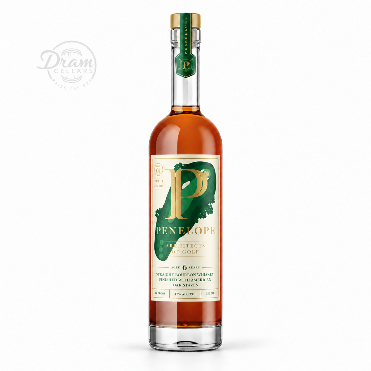 Penelope Architects of Golf Hole 1 bottle with faint Dram Cellars background logo; other hole labels differ.
