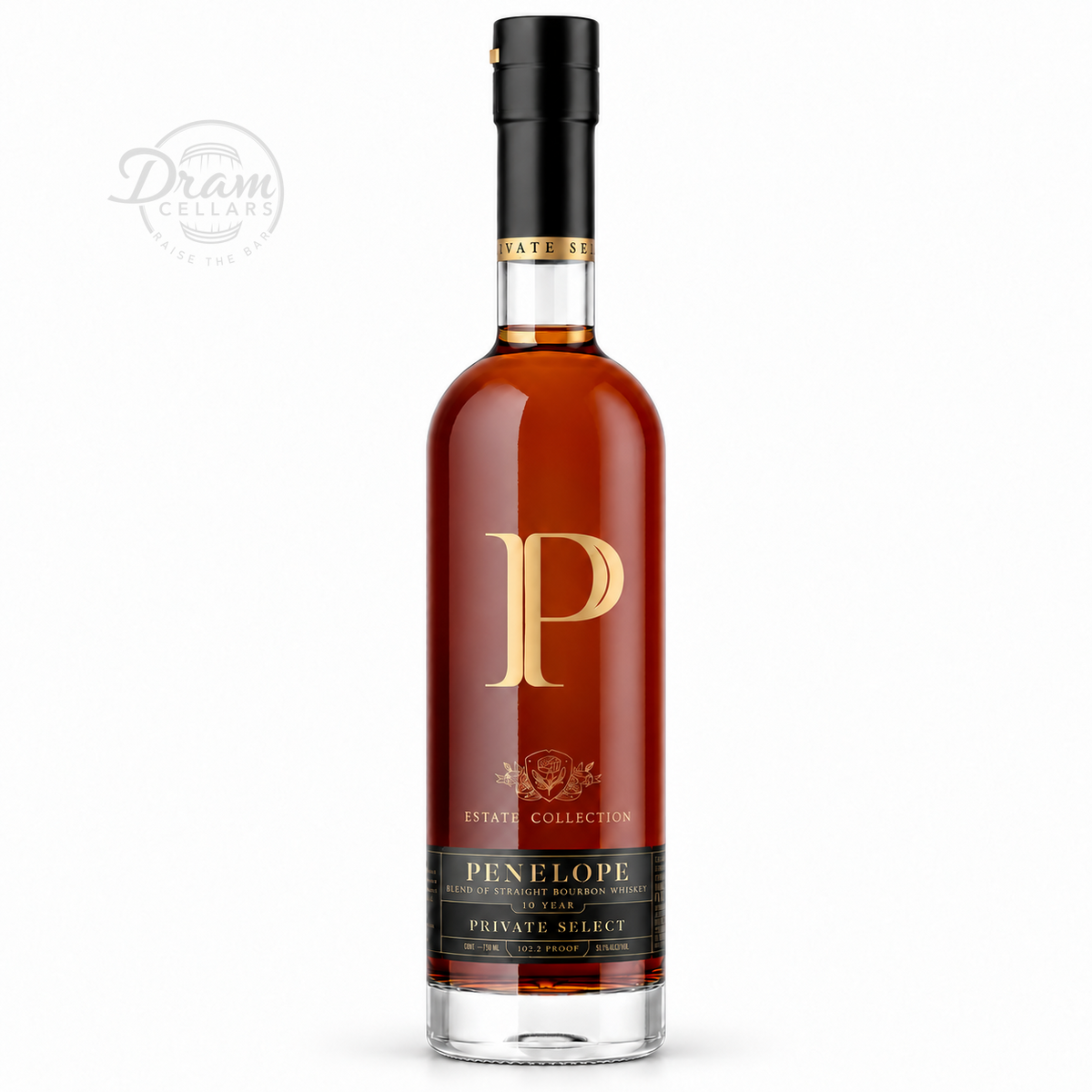 Penelope Estate Collection 10 Year Private Select bourbon bottle with faint Dram Cellars background logo.