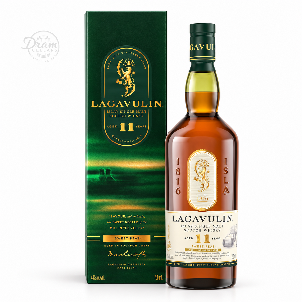 Lagavulin Sweet Peat 11 Year 750 mL bottle and green presentation box with faint Dram Cellars background logo.